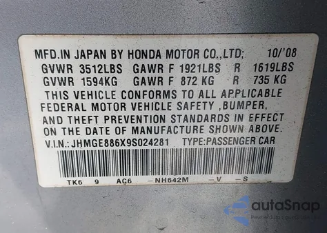 2009 Honda Fit Sport из США, поврежденный, VIN JHMGE886X9S024281